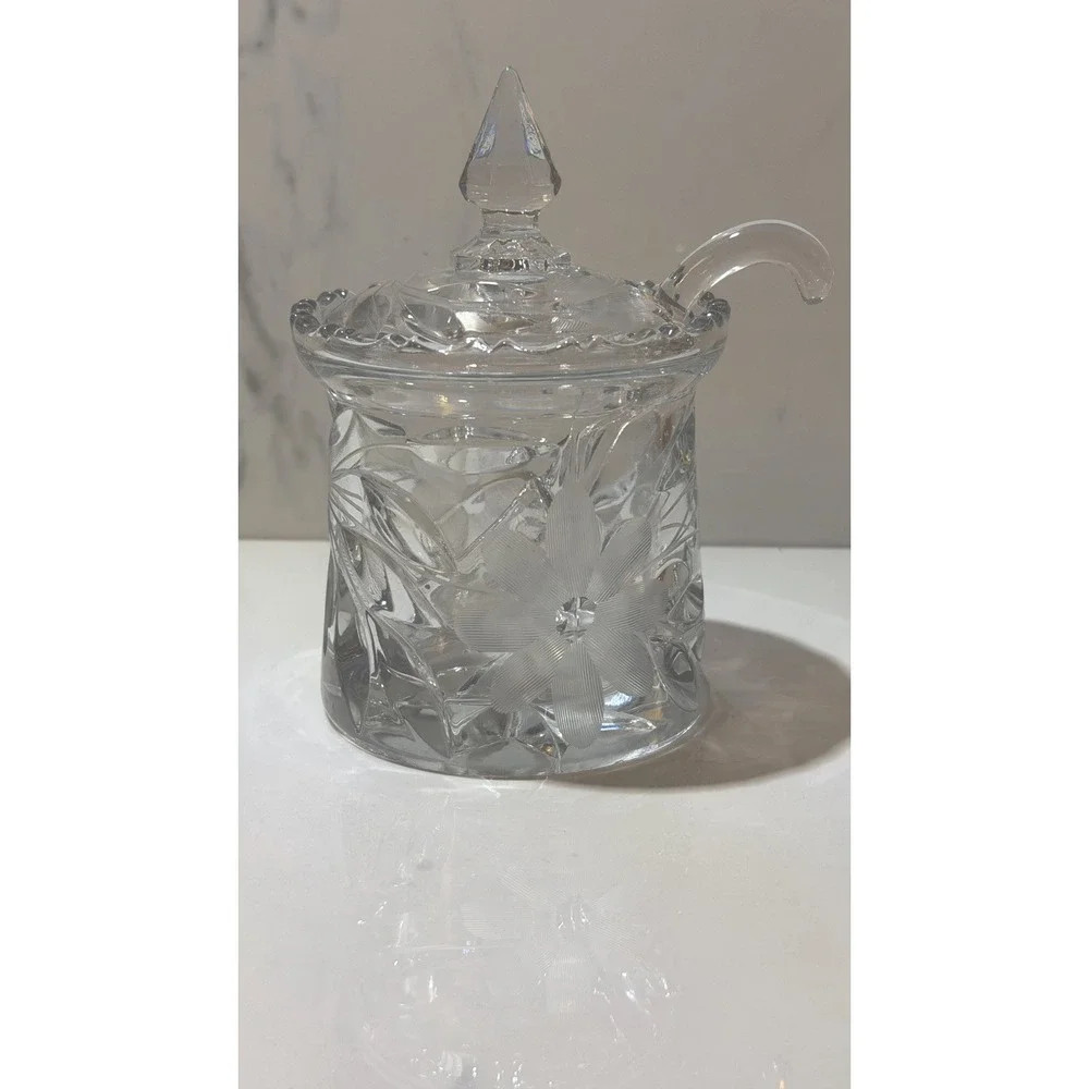 Vintage Crystal Lidded Sugar Bowl with Glass Spoon